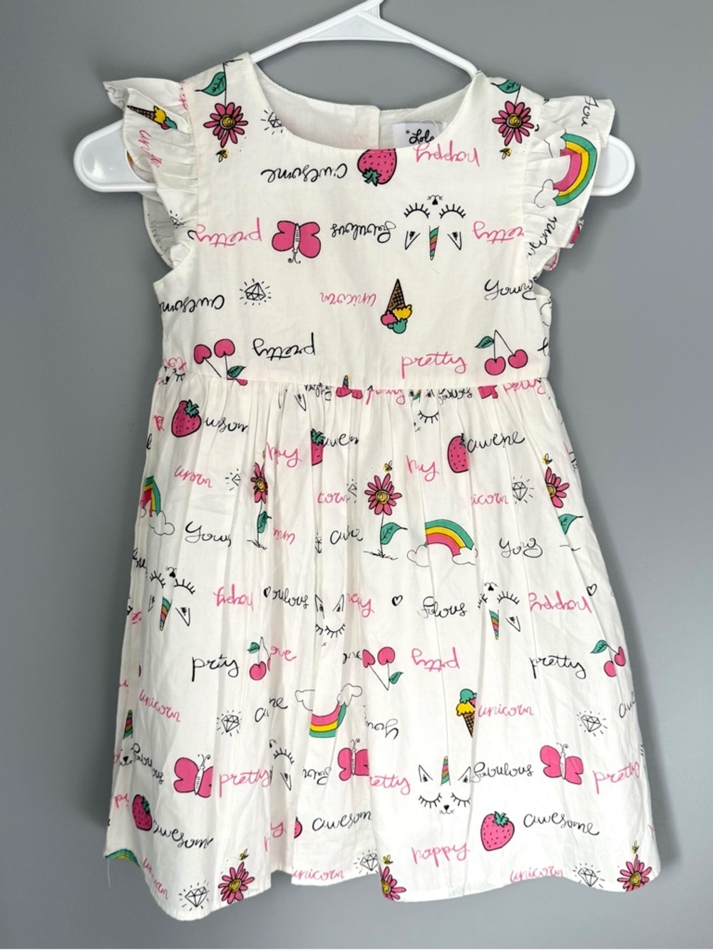 Lola + The Boys White Rainbow & Strawberry Print Ruffle Sleeve Dress